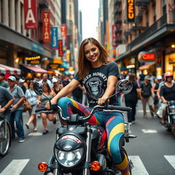 A lively street scene in New York City featuring a 25-year-old woman sitting confidently on a motorcycle
