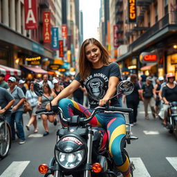 A lively street scene in New York City featuring a 25-year-old woman sitting confidently on a motorcycle