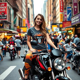 A lively street scene in New York City featuring a 25-year-old woman sitting confidently on a motorcycle