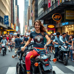 A lively street scene in New York City featuring a 25-year-old woman sitting confidently on a motorcycle