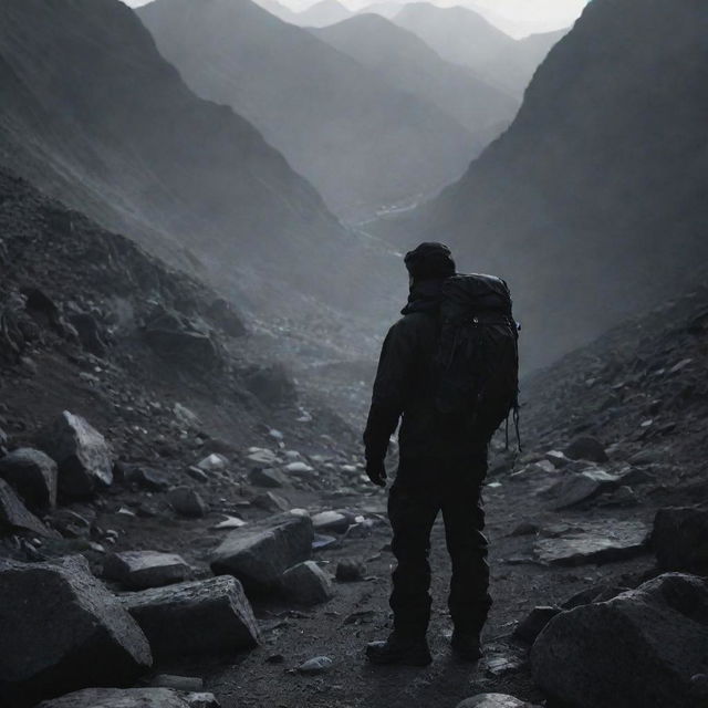 Reposition the shadowy figure clad in mountain gear to a dimly lit setting. The murkiness of the surroundings amplifies the man's enigmatic and adventurous aura.