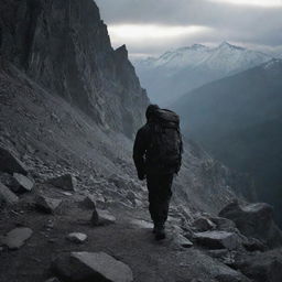 Reposition the shadowy figure clad in mountain gear to a dimly lit setting. The murkiness of the surroundings amplifies the man's enigmatic and adventurous aura.