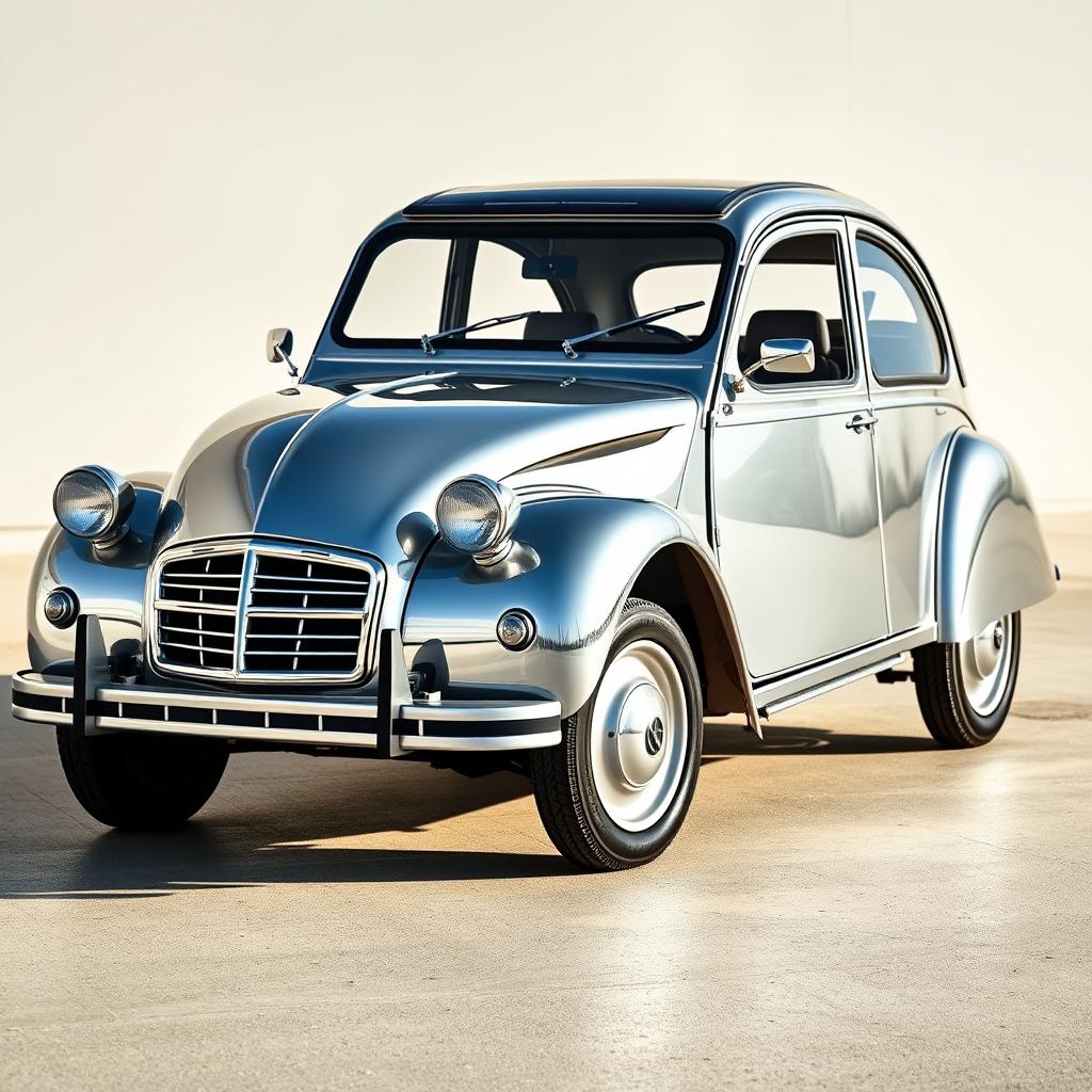 A striking Citroen 2CV with a unique chrome finish, giving the classic car a modern and luxurious twist