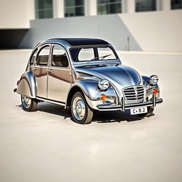 A striking Citroen 2CV with a unique chrome finish, giving the classic car a modern and luxurious twist