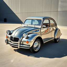 A striking Citroen 2CV with a unique chrome finish, giving the classic car a modern and luxurious twist