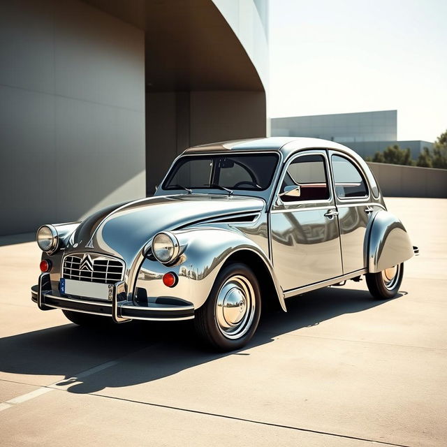 A striking Citroen 2CV with a unique chrome finish, giving the classic car a modern and luxurious twist