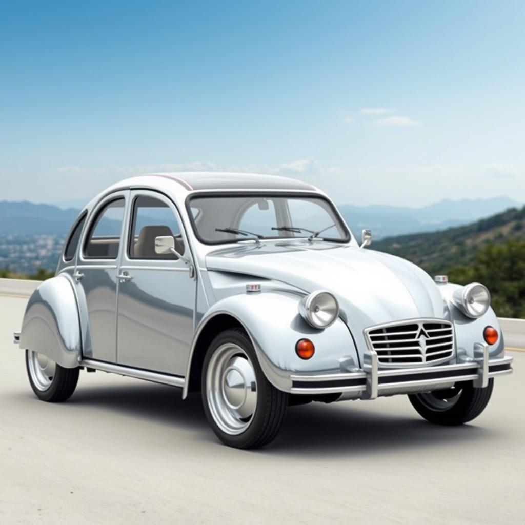 a futuristic reborn Citroën 2CV with chrome finish, showcasing a sleek and modern design with an emphasis on aerodynamics, set against a scenic backdrop, highlighting the unique contours and curves of the car, capturing the essence of its vintage charm while infusing it with a futuristic aesthetic