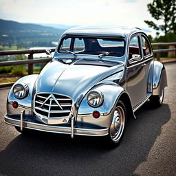 a futuristic reborn Citroën 2CV with chrome finish, showcasing a sleek and modern design with an emphasis on aerodynamics, set against a scenic backdrop, highlighting the unique contours and curves of the car, capturing the essence of its vintage charm while infusing it with a futuristic aesthetic