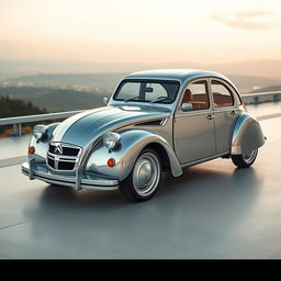 a futuristic reborn Citroën 2CV with chrome finish, showcasing a sleek and modern design with an emphasis on aerodynamics, set against a scenic backdrop, highlighting the unique contours and curves of the car, capturing the essence of its vintage charm while infusing it with a futuristic aesthetic