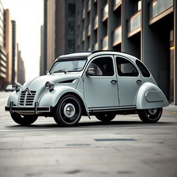 a futuristic reincarnation of the classic Citroën 2CV, featuring a modern and innovative design, blending retro charm with futuristic elements, set in an urban environment, highlighting the sleek contours and unique characteristics of the car, emphasizing its iconic silhouette with a fresh, contemporary twist