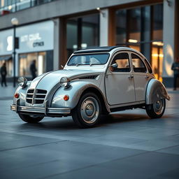 a futuristic reincarnation of the classic Citroën 2CV, featuring a modern and innovative design, blending retro charm with futuristic elements, set in an urban environment, highlighting the sleek contours and unique characteristics of the car, emphasizing its iconic silhouette with a fresh, contemporary twist