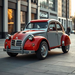 a futuristic reincarnation of the classic Citroën 2CV, featuring a modern and innovative design, blending retro charm with futuristic elements, set in an urban environment, highlighting the sleek contours and unique characteristics of the car, emphasizing its iconic silhouette with a fresh, contemporary twist