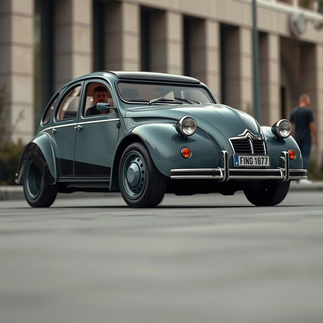 a futuristic reincarnation of the classic Citroën 2CV, featuring a modern and innovative design, blending retro charm with futuristic elements, set in an urban environment, highlighting the sleek contours and unique characteristics of the car, emphasizing its iconic silhouette with a fresh, contemporary twist