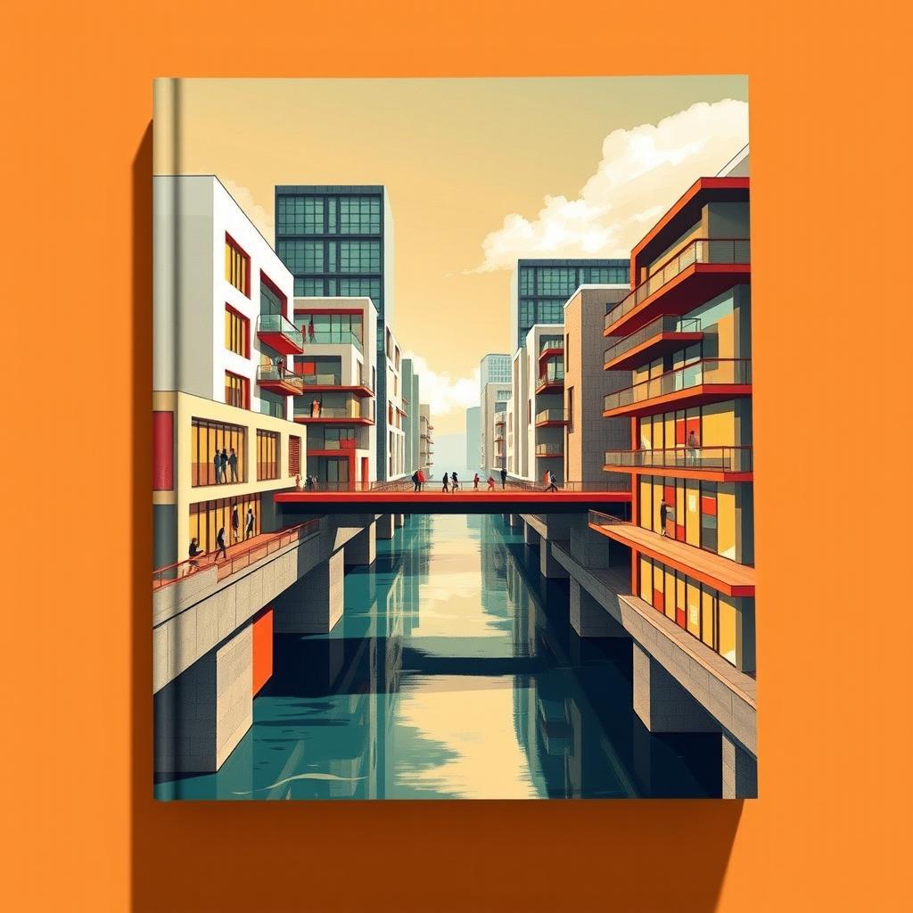 Design a modern book cover featuring a unique architectural scene with contemporary buildings