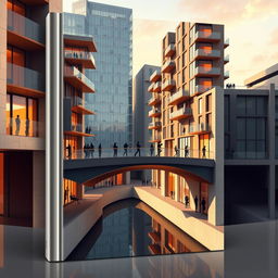 Design a modern book cover featuring a unique architectural scene with contemporary buildings