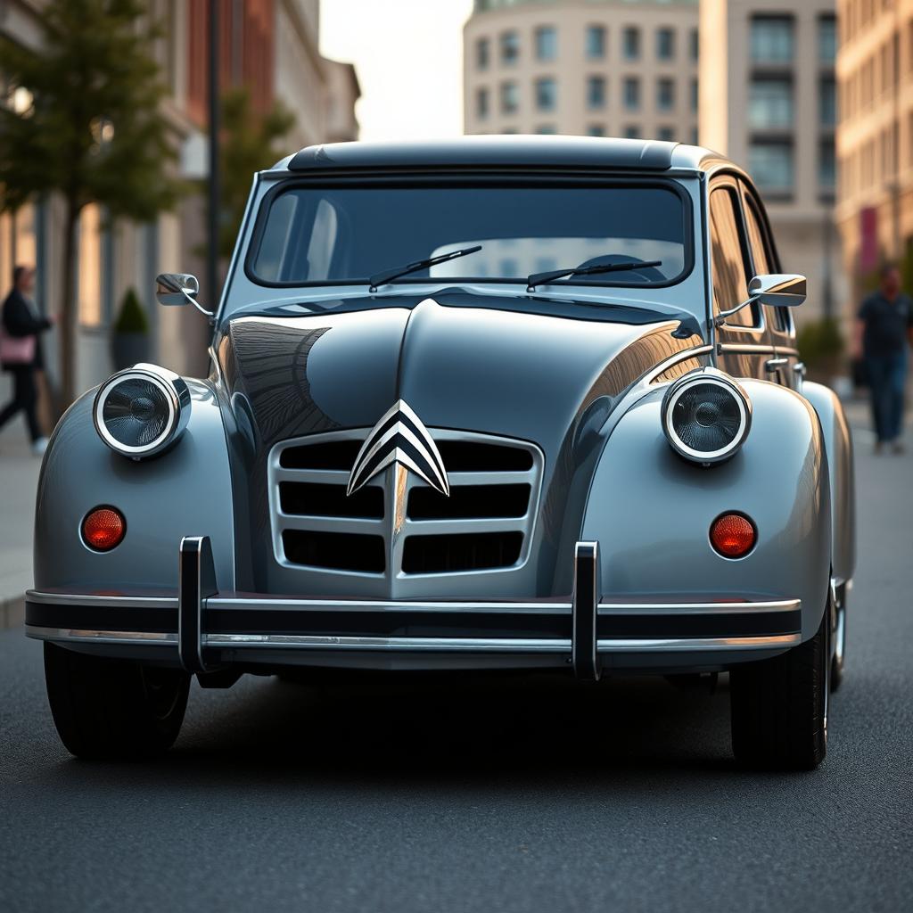 a futuristic reincarnation of the classic Citroën 2CV, featuring a modern and innovative design, blending retro charm with futuristic elements, set in an urban environment, highlighting the sleek contours and unique characteristics of the car, emphasizing its iconic silhouette with a fresh, contemporary twist