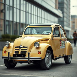 a futuristic reincarnation of the classic Citroën 2CV, featuring a modern and innovative design, blending retro charm with futuristic elements, set in an urban environment, highlighting the sleek contours and unique characteristics of the car, emphasizing its iconic silhouette with a fresh, contemporary twist