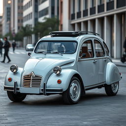 a futuristic reincarnation of the classic Citroën 2CV, featuring a modern and innovative design, blending retro charm with futuristic elements, set in an urban environment, highlighting the sleek contours and unique characteristics of the car, emphasizing its iconic silhouette with a fresh, contemporary twist