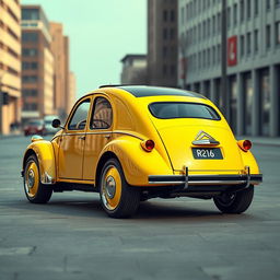 a futuristic reincarnation of the classic Citroën 2CV, featuring a modern and innovative design, blending retro charm with futuristic elements, set in an urban environment, highlighting the sleek contours and unique characteristics of the car, emphasizing its iconic silhouette with a fresh, contemporary twist