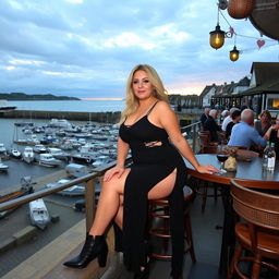 A 40-year-old chubby and curvy blonde woman poses seductively while seated in a bustling beach bar in Lyme Regis