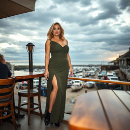 A 40-year-old chubby and curvy blonde woman poses seductively while seated in a bustling beach bar in Lyme Regis