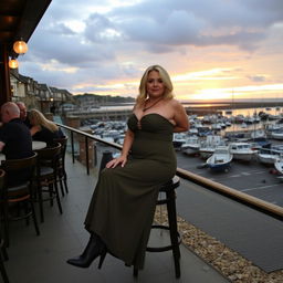 A 40-year-old chubby and curvy blonde woman poses seductively while seated in a bustling beach bar in Lyme Regis