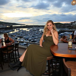 A 40-year-old chubby and curvy blonde woman poses seductively while seated in a bustling beach bar in Lyme Regis