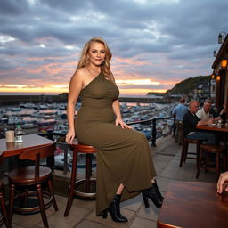 A 40-year-old chubby and curvy blonde woman poses seductively while seated in a bustling beach bar in Lyme Regis