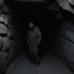 Transform the setting, placing the shadowy figure dressed in mountain gear into a dark, confined room, devoid of any mountainous elements, intensifying the sensation of mystery and intrigue.