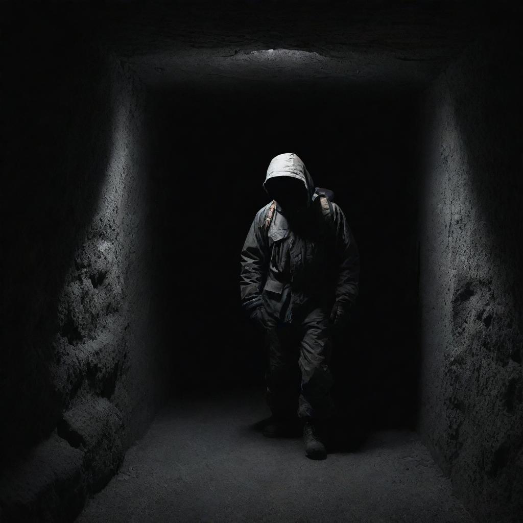 Transform the setting, placing the shadowy figure dressed in mountain gear into a dark, confined room, devoid of any mountainous elements, intensifying the sensation of mystery and intrigue.