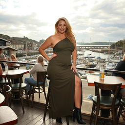 A 40-year-old chubby and curvy blonde woman poses seductively while seated in a bustling beach bar in Lyme Regis