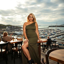 A 40-year-old chubby and curvy blonde woman poses seductively while seated in a bustling beach bar in Lyme Regis