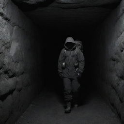 Transform the setting, placing the shadowy figure dressed in mountain gear into a dark, confined room, devoid of any mountainous elements, intensifying the sensation of mystery and intrigue.