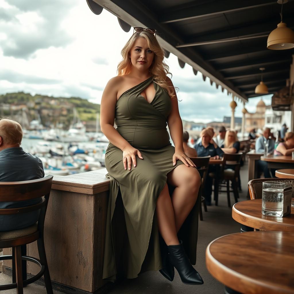 A 40-year-old chubby and curvy blonde woman poses seductively while seated in a bustling beach bar in Lyme Regis