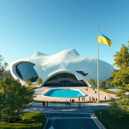 A bionic, futuristic building with fantastic architecture, designed to exactly depict the map of Ukraine with its unique silhouette