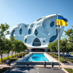 A bionic, futuristic building with fantastic architecture, designed to exactly depict the map of Ukraine with its unique silhouette