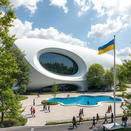 A bionic, futuristic building with fantastic architecture, designed to exactly depict the map of Ukraine with its unique silhouette