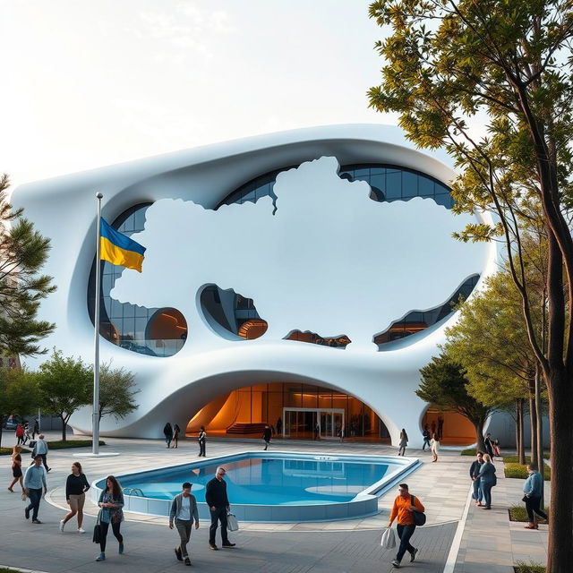 A bionic, futuristic building with unique architecture designed to perfectly depict the map of Ukraine with its silhouette