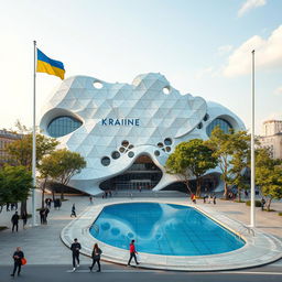 A bionic, futuristic building with unique architecture designed to perfectly depict the map of Ukraine with its silhouette