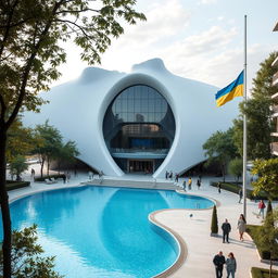 A bionic, futuristic building with unique architecture designed to perfectly depict the map of Ukraine with its silhouette