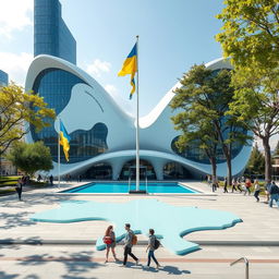 A bionic, futuristic building with unique architecture designed to perfectly depict the map of Ukraine with its silhouette