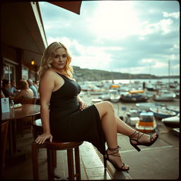 A 40-year-old chubby and curvy blonde woman posing seductively while sitting in a busy beach bar in Lyme Regis