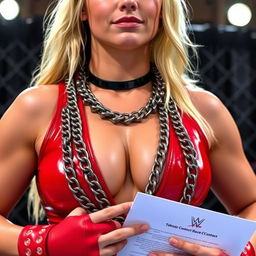 A close-up torso shot of a gorgeous female wrestler with blonde hair, wearing shiny red wrestling gear adorned with lots of chains