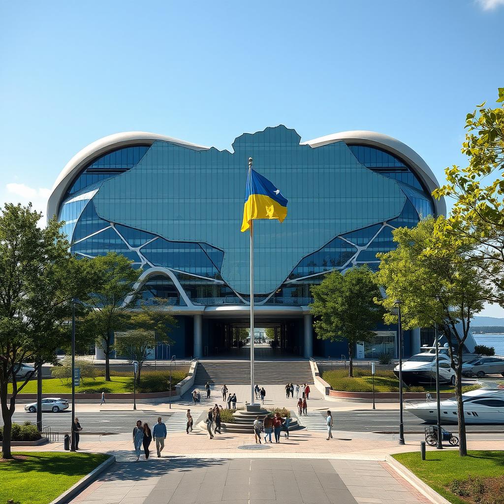 A bionic, futuristic building with fantastic architecture, designed to perfectly depict the map of Ukraine with its silhouette