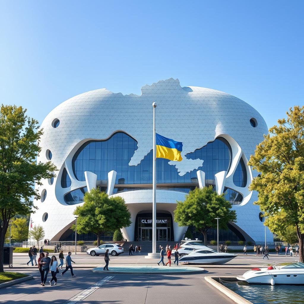 A bionic, futuristic building with fantastic architecture, designed to perfectly depict the map of Ukraine with its silhouette