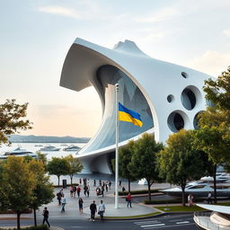 A bionic, futuristic building with fantastic architecture, designed to perfectly depict the map of Ukraine with its silhouette