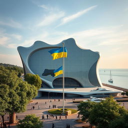 A bionic, futuristic building with fantastic architecture, designed to perfectly depict the map of Ukraine with its silhouette