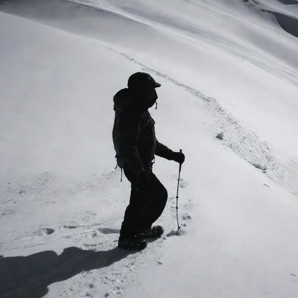 Recompose the image, now revealing a side view of the shadowy figure in mountain gear with just a sliver of his face visible, augmenting the enigmatic feel.