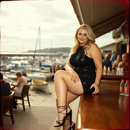 A 40-year-old chubby and curvy blonde woman posing seductively while sitting in a busy beach bar in Lyme Regis