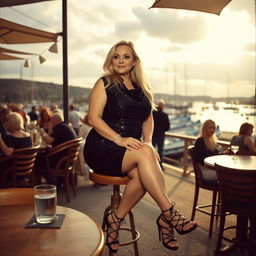 A 40-year-old chubby and curvy blonde woman posing seductively while sitting in a busy beach bar in Lyme Regis